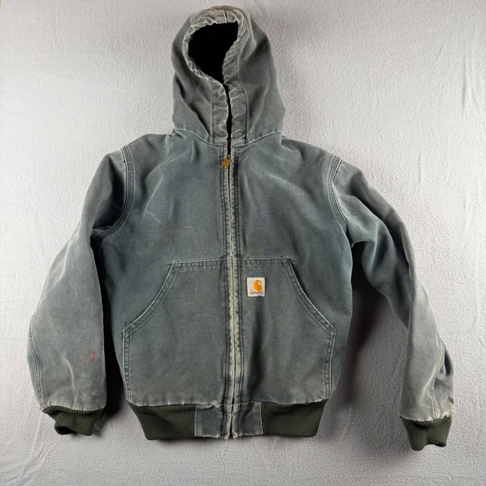Vintage Carhartt Kids Duck Canvas Jacket Faded Blue Hooded Thrashed Distressed
